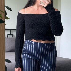 Black Knitted Off The Shoulder Cropped Sweater | Size Small